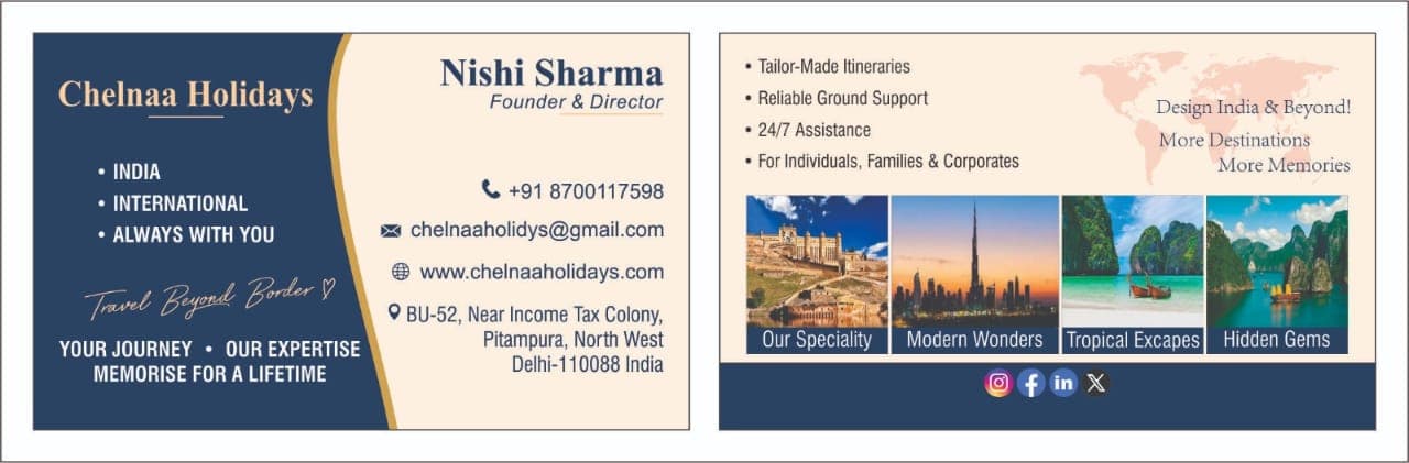 Chelnaa Holidays business card with founder and company contact details
